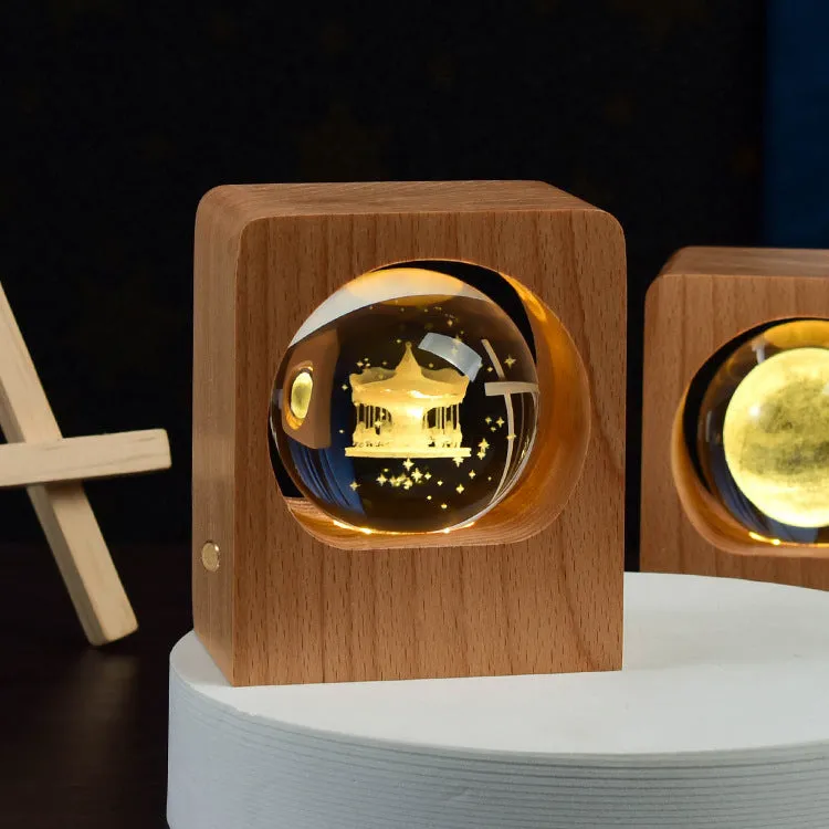 Beech crystal ball night light with 3D laser engraved jellyfish pattern on wooden base, USB dimmable lamp for bedroom