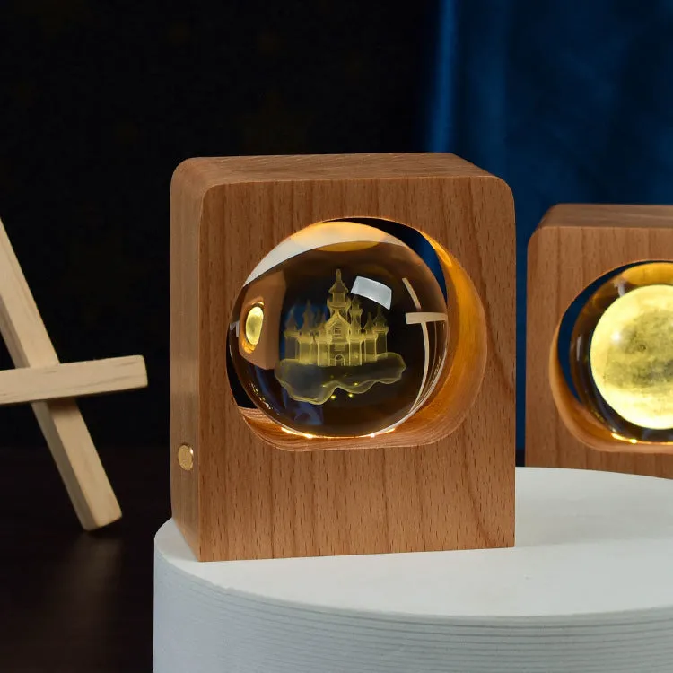 Beech crystal ball night light with 3D laser engraved jellyfish pattern on wooden base, USB dimmable lamp for bedroom