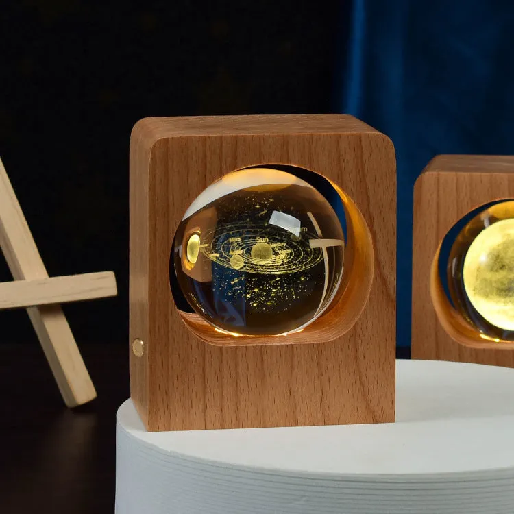 Beech crystal ball night light with 3D laser engraved jellyfish pattern on wooden base, USB dimmable lamp for bedroom