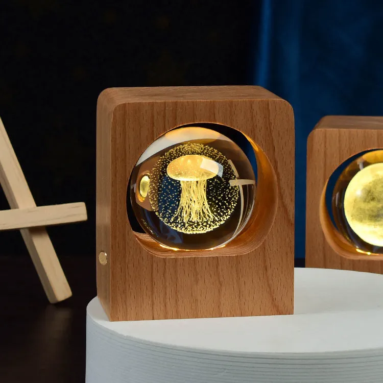 Beech crystal ball night light with 3D laser engraved jellyfish pattern on wooden base, USB dimmable lamp for bedroom