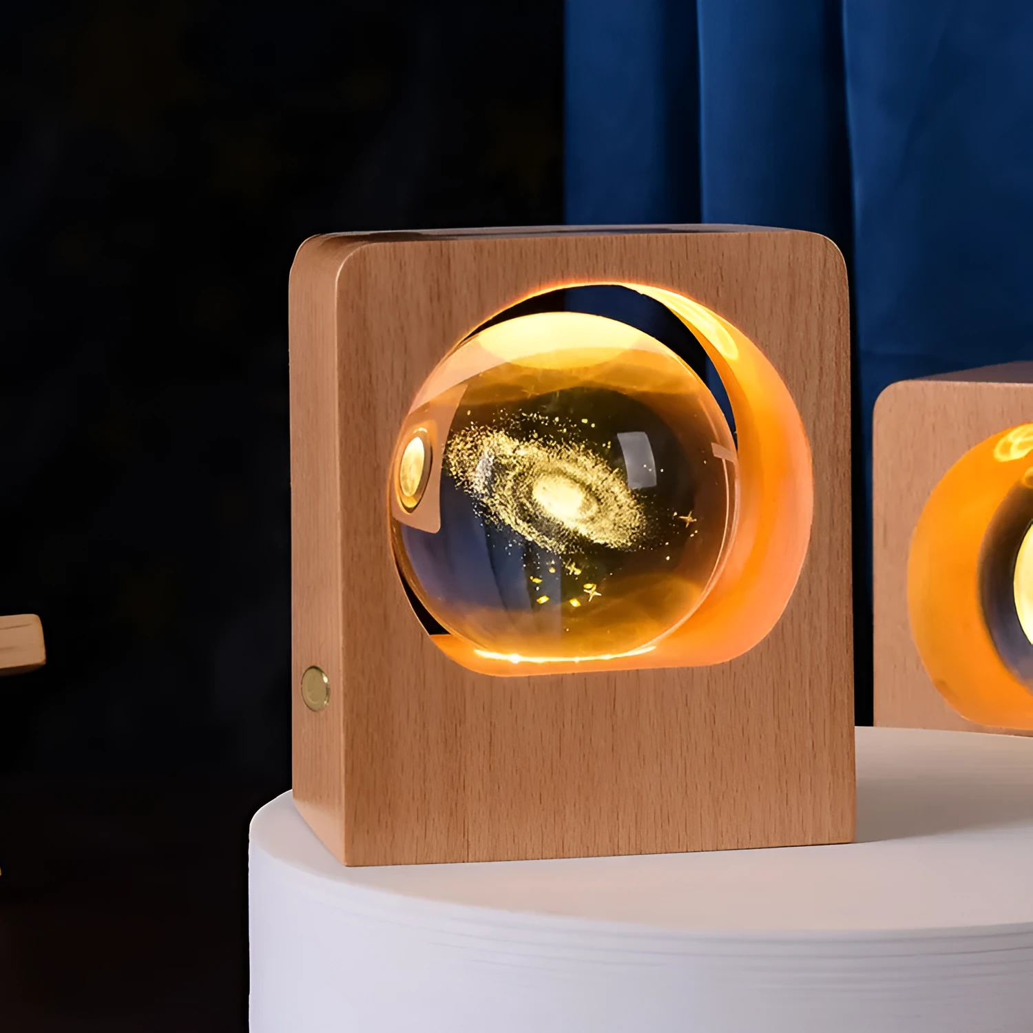 Beech crystal ball night light with 3D laser engraved jellyfish pattern on wooden base, USB dimmable lamp for bedroom