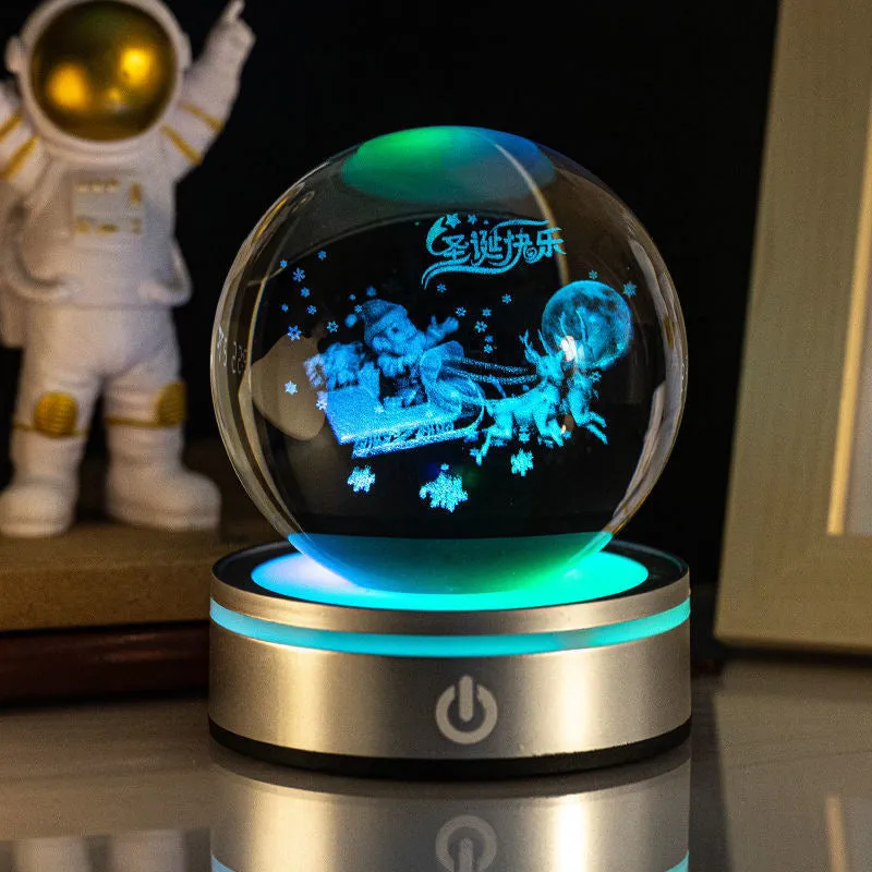 Creative 3D inner carving luminous crystal ball night lamp with colourful gradient and round touch base, 8cm, white crystal