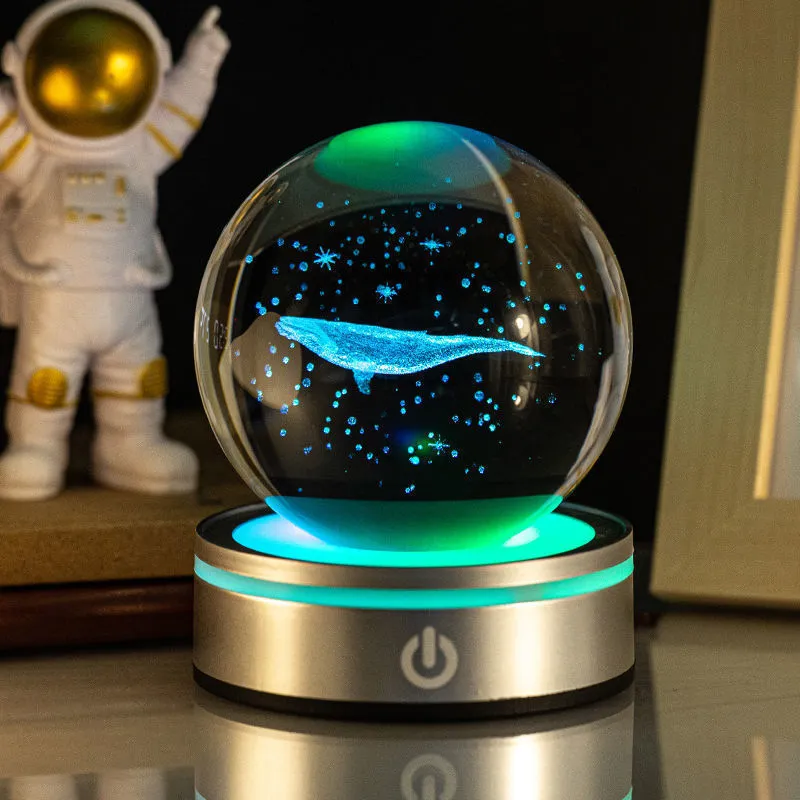 Creative 3D inner carving luminous crystal ball night lamp with colourful gradient and round touch base, 8cm, white crystal