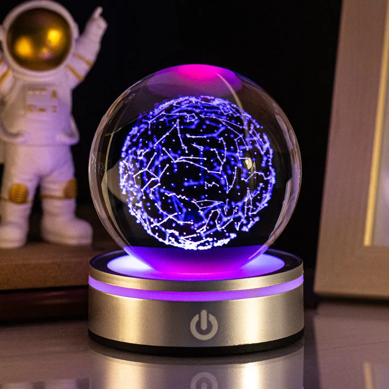 Creative 3D inner carving luminous crystal ball night lamp with colourful gradient and round touch base, 8cm, white crystal