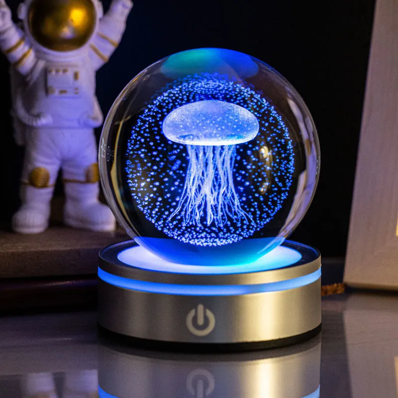 Creative 3D inner carving luminous crystal ball night lamp with colourful gradient and round touch base, 8cm, white crystal
