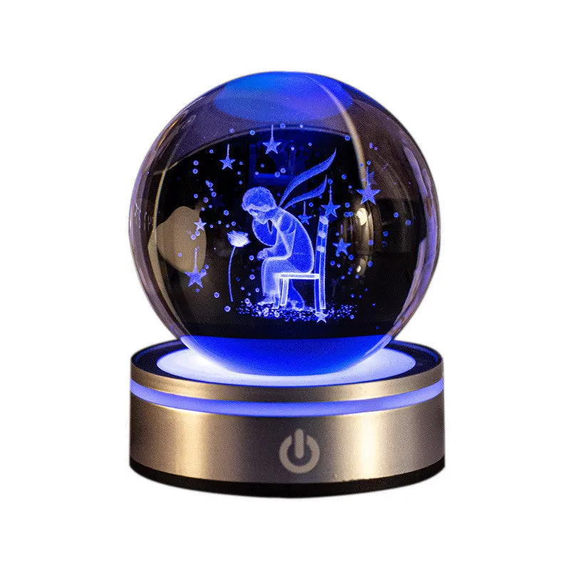 Creative 3D inner carving luminous crystal ball night lamp with colourful gradient and round touch base, 8cm, white crystal