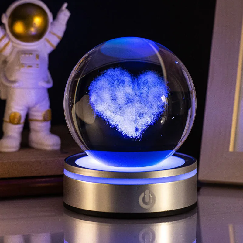 Creative 3D inner carving luminous crystal ball night lamp with colourful gradient and round touch base, 8cm, white crystal