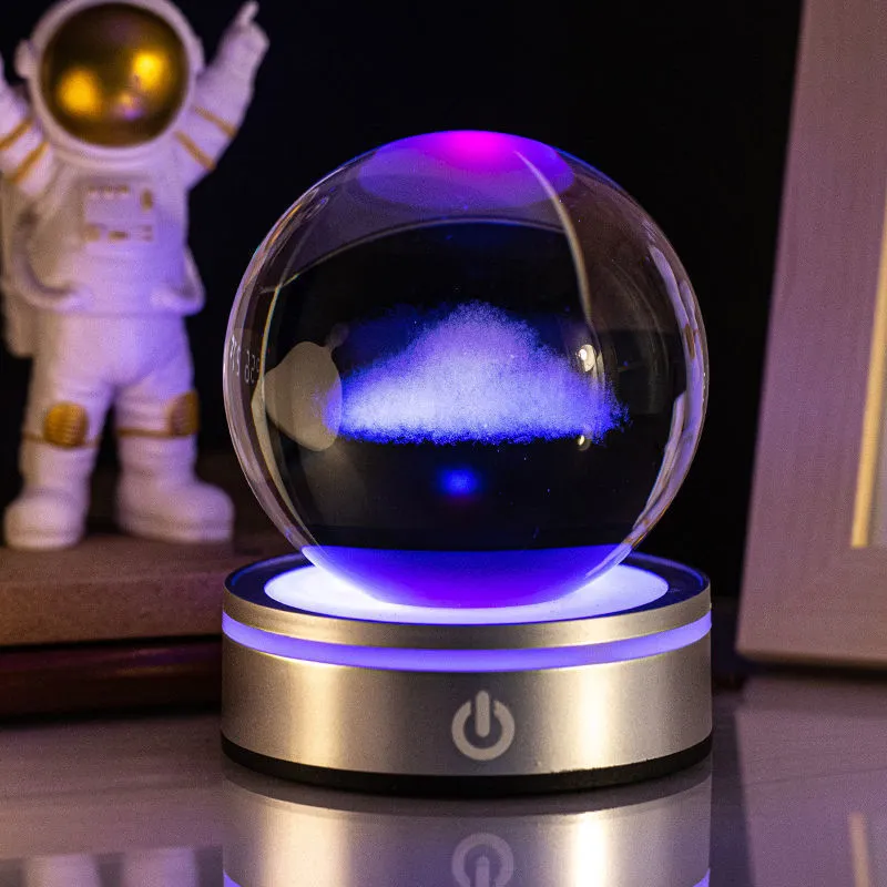 Creative 3D inner carving luminous crystal ball night lamp with colourful gradient and round touch base, 8cm, white crystal