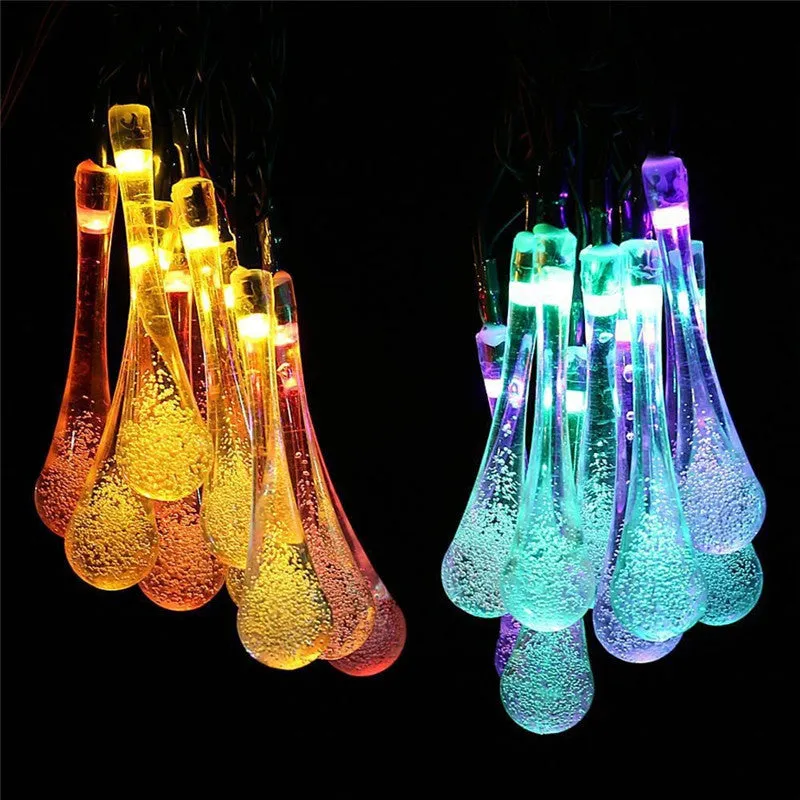 Solar-powered outdoor LED string lights with water drop pendants on 6.5m cable
