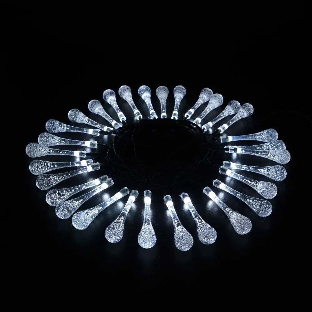 Solar-powered outdoor LED string lights with water drop pendants on 6.5m cable