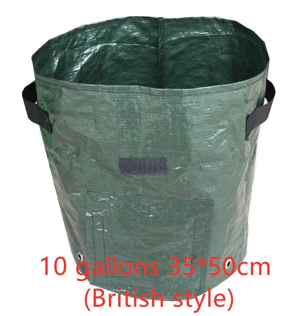 Dark green PE garden planting bag with side windows and double handles on a balcony