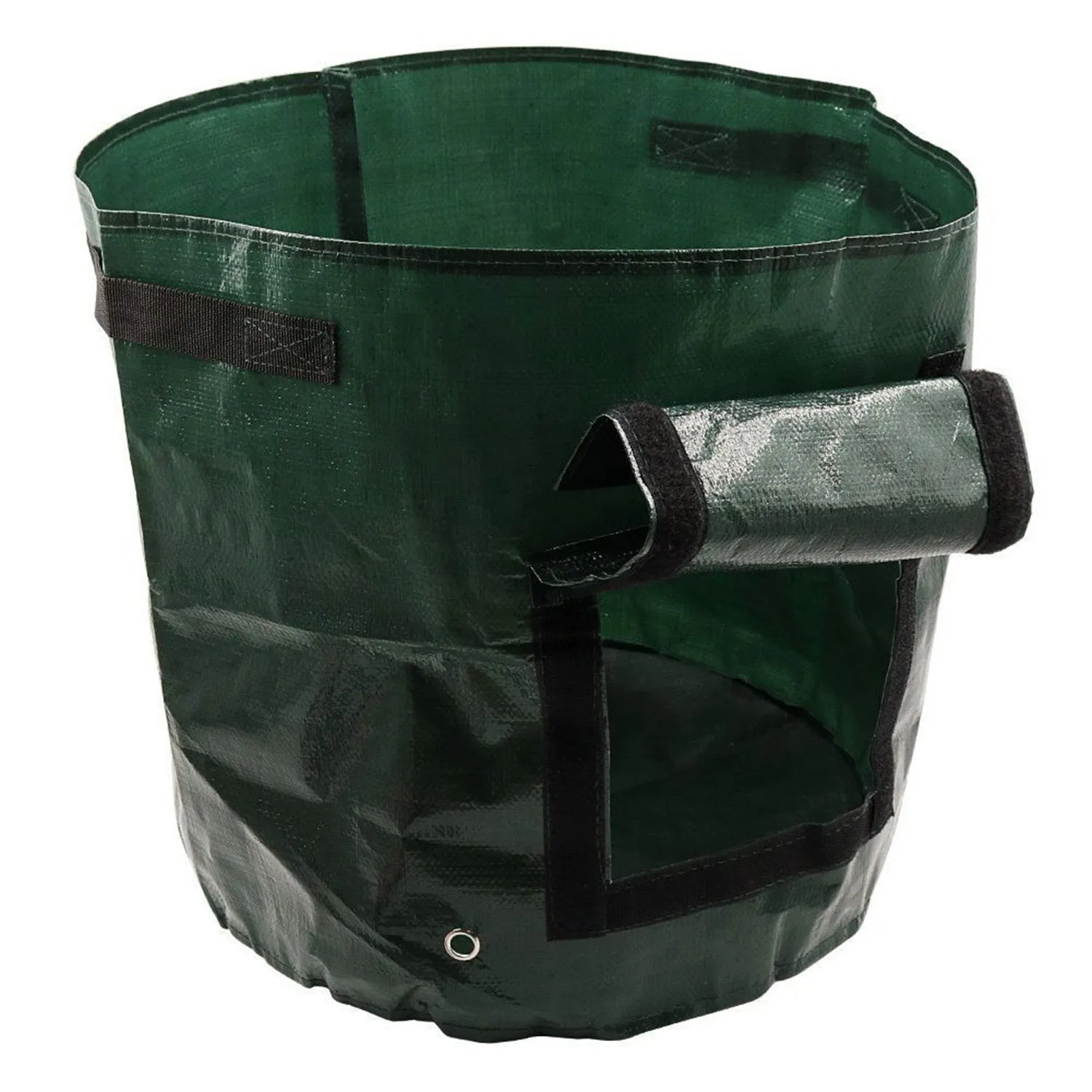 Dark green PE garden planting bag with side windows and double handles on a balcony