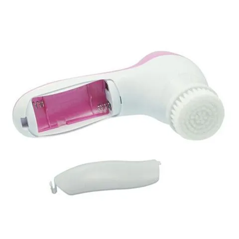 Pink electric facial cleanser with soft brush attachment and roller massager on white background, compact size