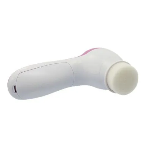 Pink electric facial cleanser with soft brush attachment and roller massager on white background, compact size