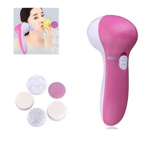 Pink electric facial cleanser with soft brush attachment and roller massager on white background, compact size