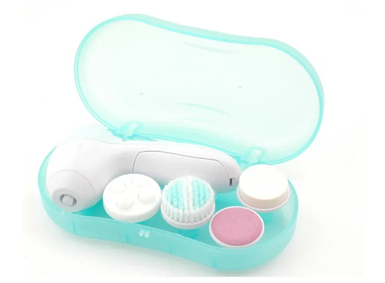 Pink electric facial cleanser with soft brush attachment and roller massager on white background, compact size