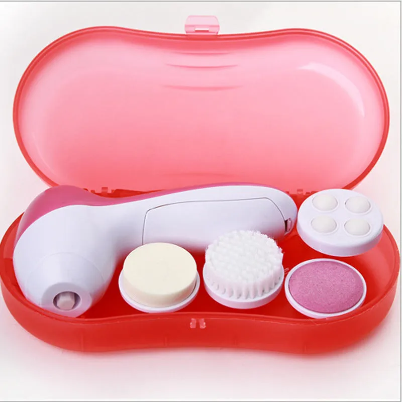 Pink electric facial cleanser with soft brush attachment and roller massager on white background, compact size