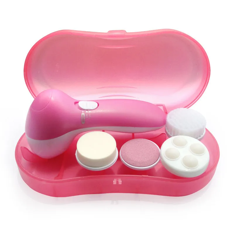 Pink electric facial cleanser with soft brush attachment and roller massager on white background, compact size