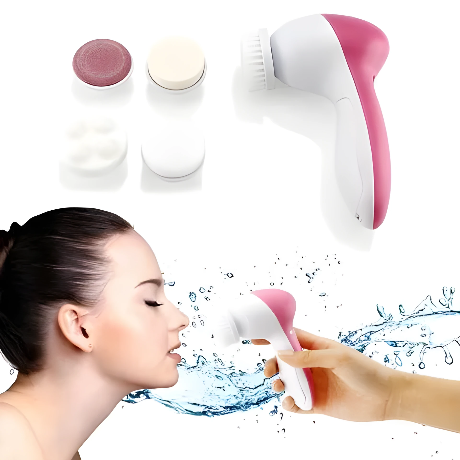 Pink electric facial cleanser with soft brush attachment and roller massager on white background, compact size