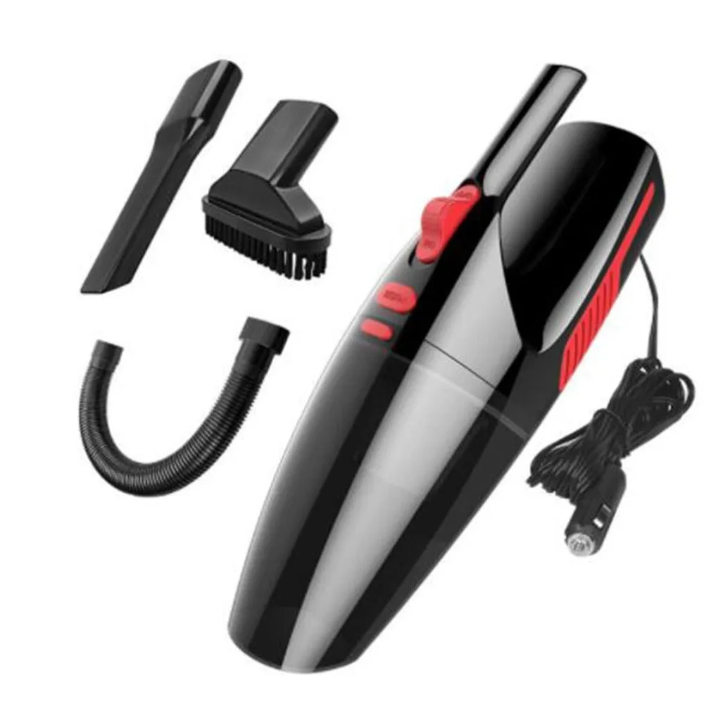 Black handheld 120W wet dry car vacuum cleaner with long nozzle and brush on car seat