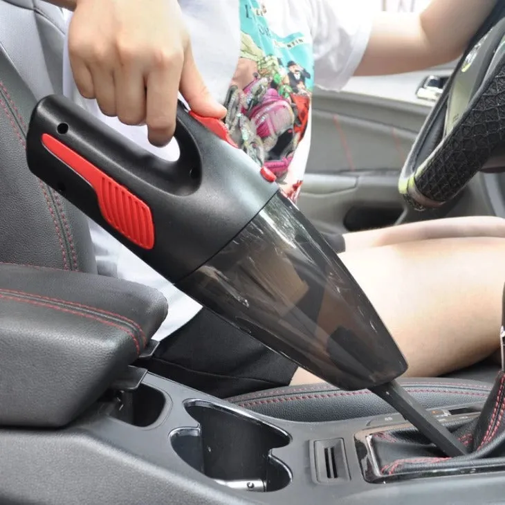 Black handheld 120W wet dry car vacuum cleaner with long nozzle and brush on car seat