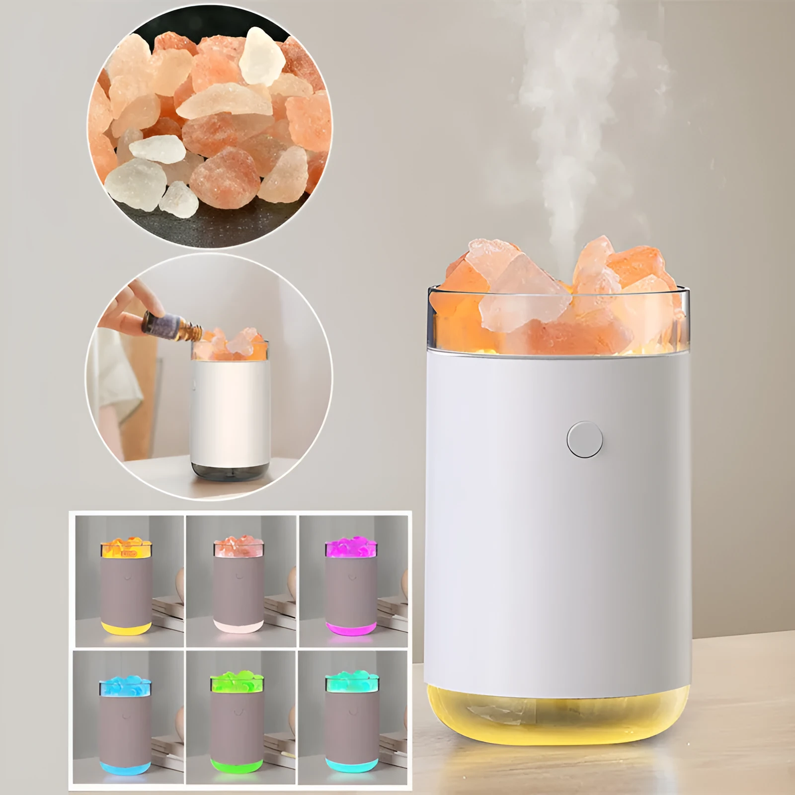 White desktop ultrasonic humidifier with crystal salt stone and LED lamp showing side view on table