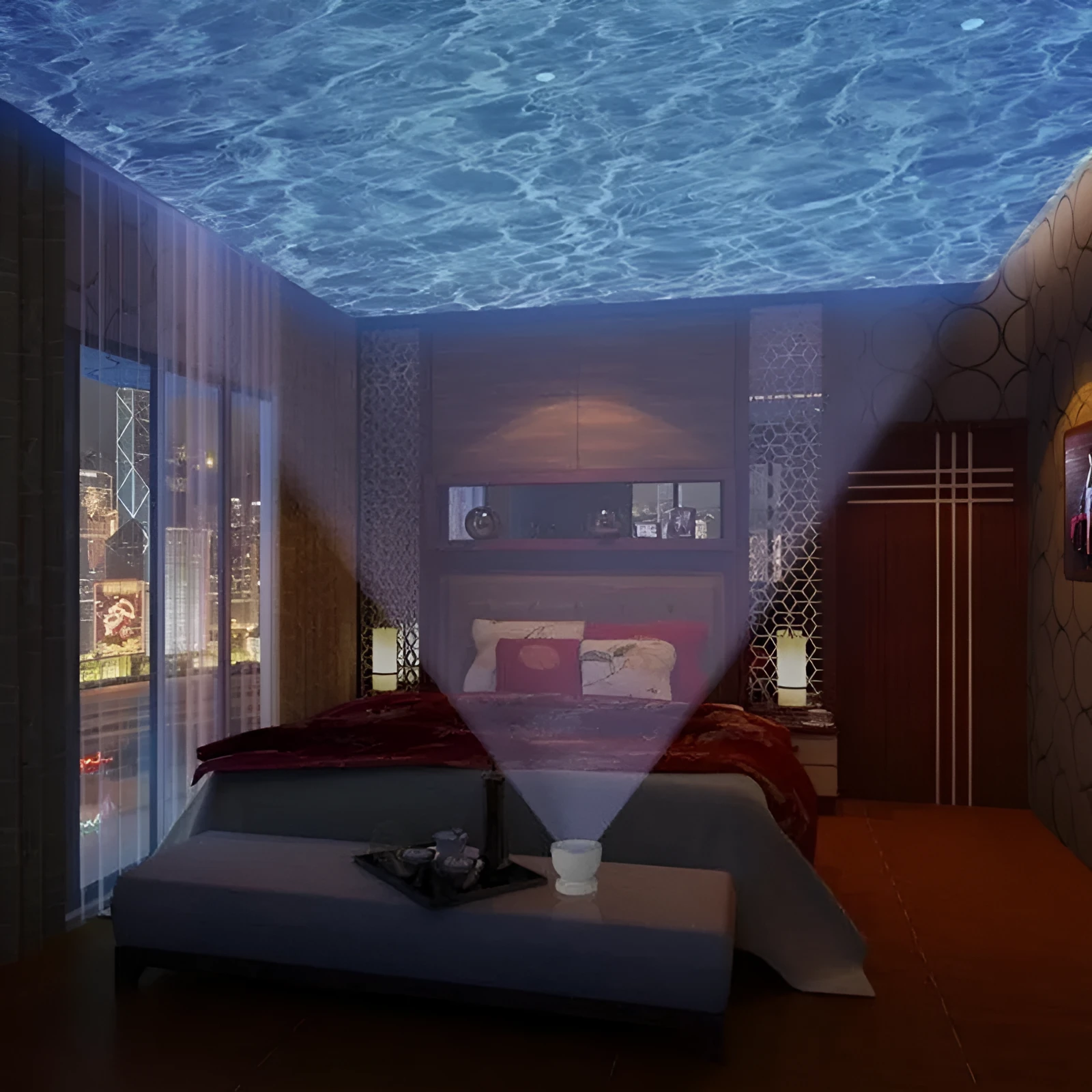 White and blue ocean wave projector LED night light with remote control, measuring 13x12x12 cm