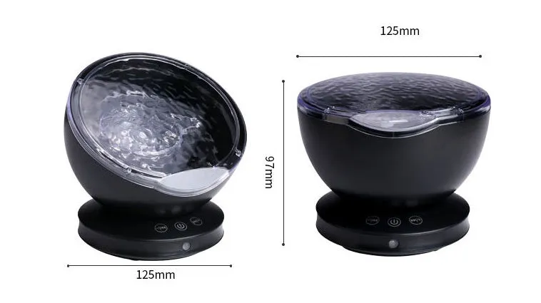 White and blue ocean wave projector LED night light with remote control, measuring 13x12x12 cm