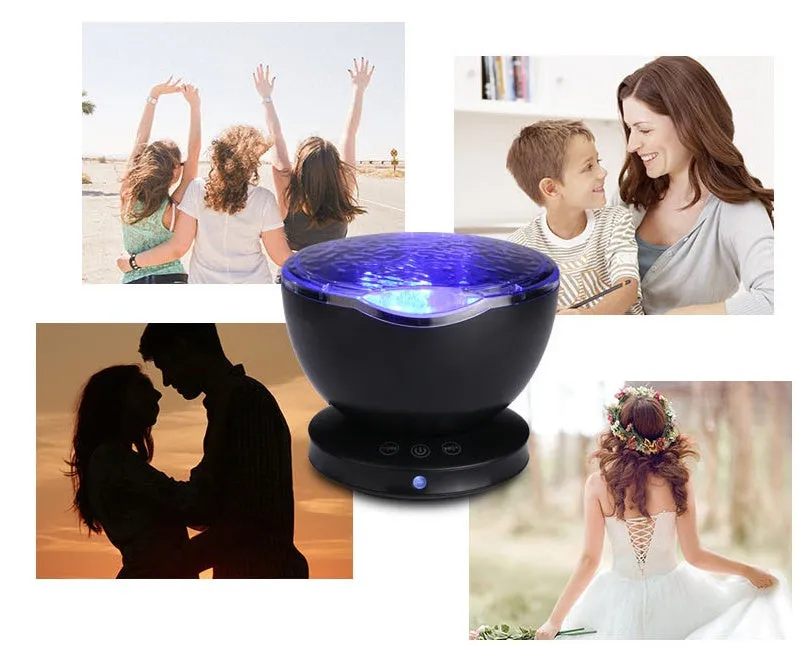 White and blue ocean wave projector LED night light with remote control, measuring 13x12x12 cm