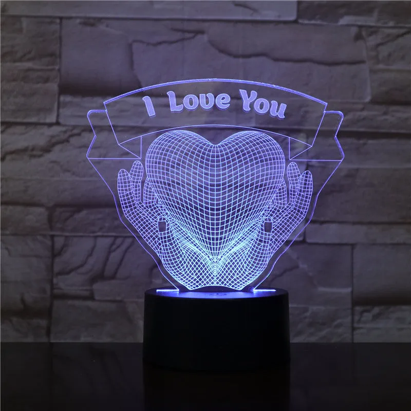 Valentines Day gift 3D night light showing hands holding a heart with seven colour options