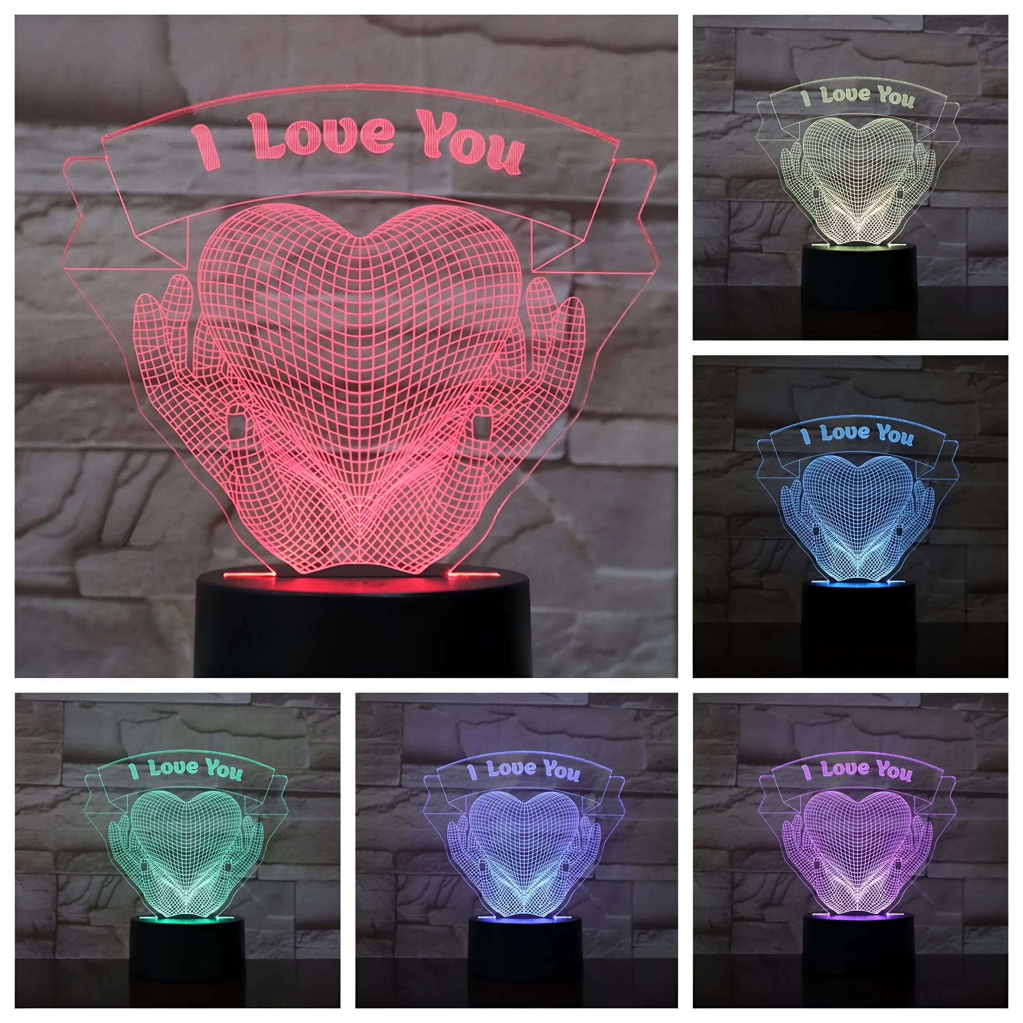 Valentines Day gift 3D night light showing hands holding a heart with seven colour options