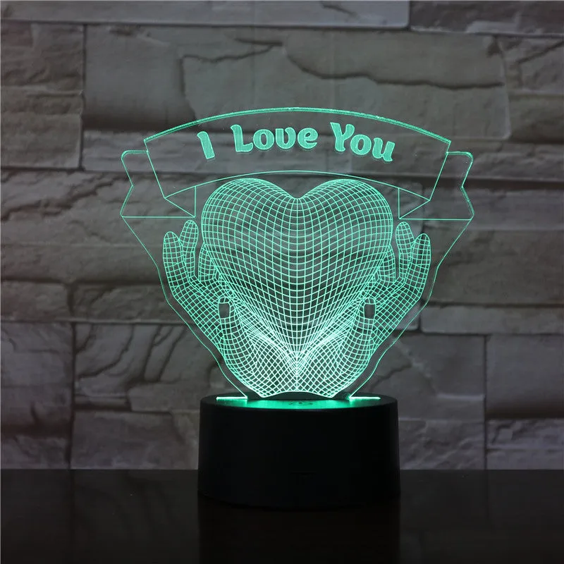 Valentines Day gift 3D night light showing hands holding a heart with seven colour options