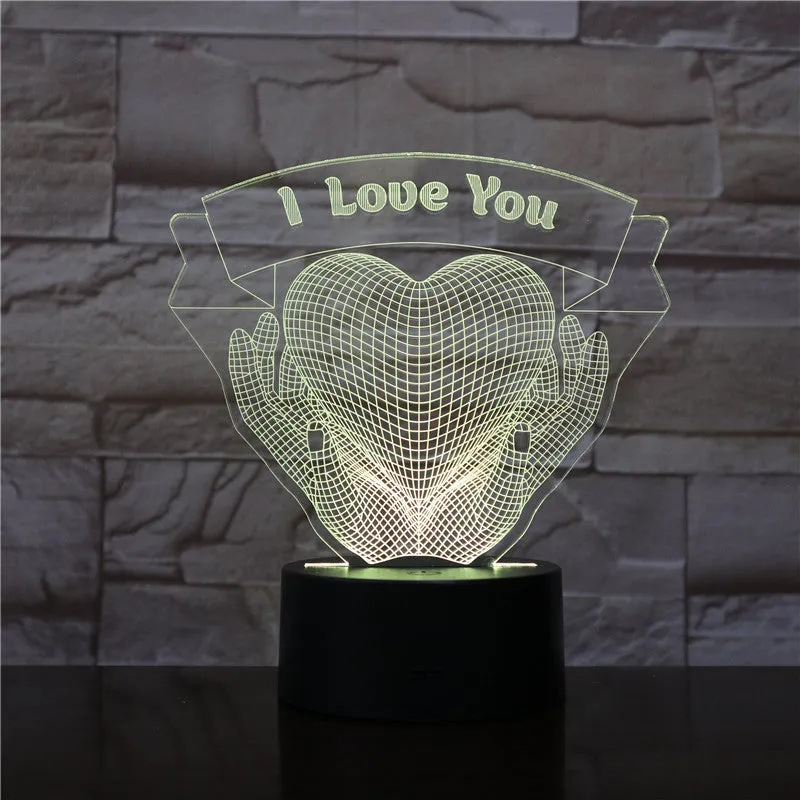 Valentines Day gift 3D night light showing hands holding a heart with seven colour options