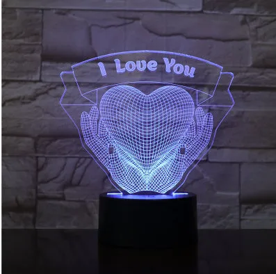 Valentines Day gift 3D night light showing hands holding a heart with seven colour options