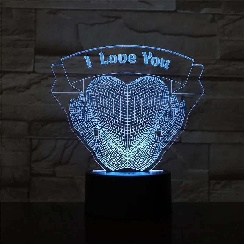 Valentines Day gift 3D night light showing hands holding a heart with seven colour options