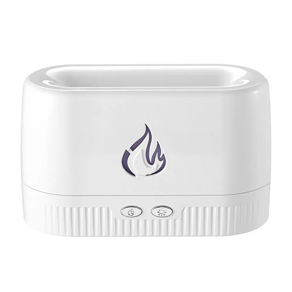 White flame aroma diffuser with 230ml tank, USB cable, on a wooden table, showing mist and flame effect