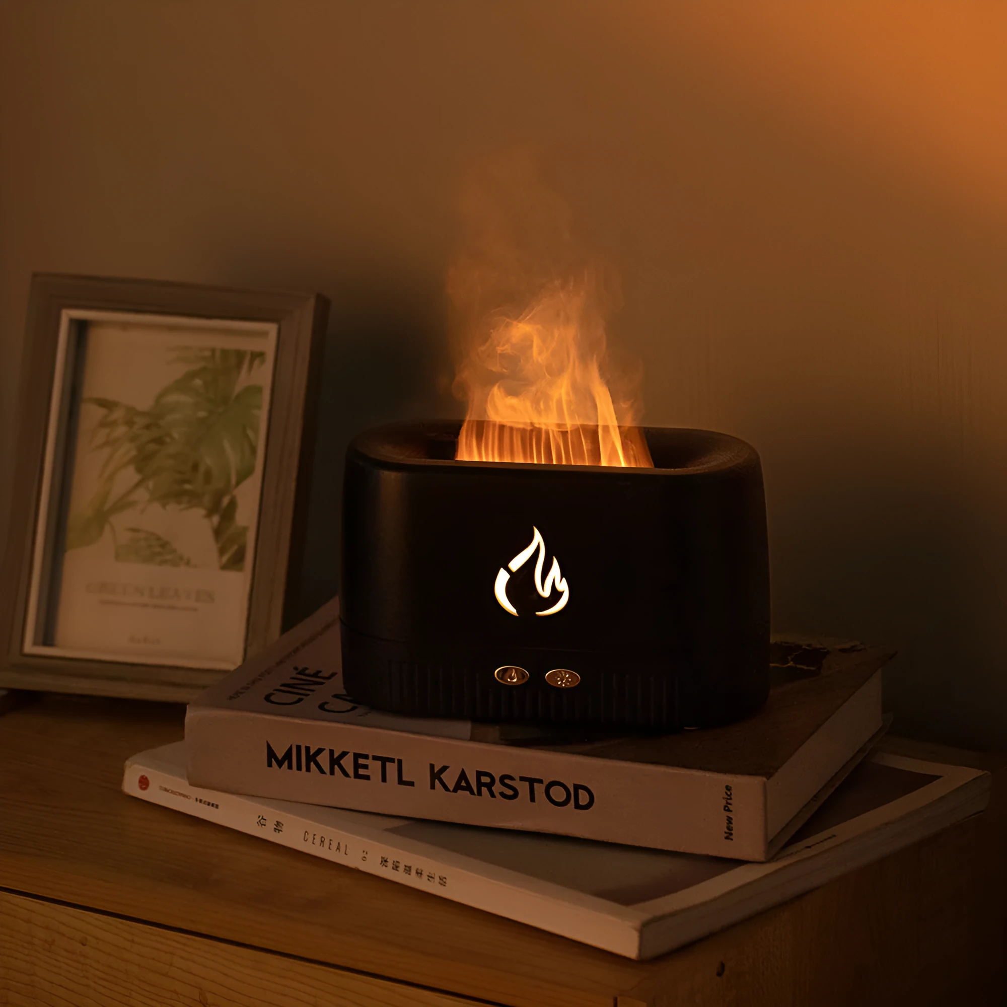 White flame aroma diffuser with 230ml tank, USB cable, on a wooden table, showing mist and flame effect