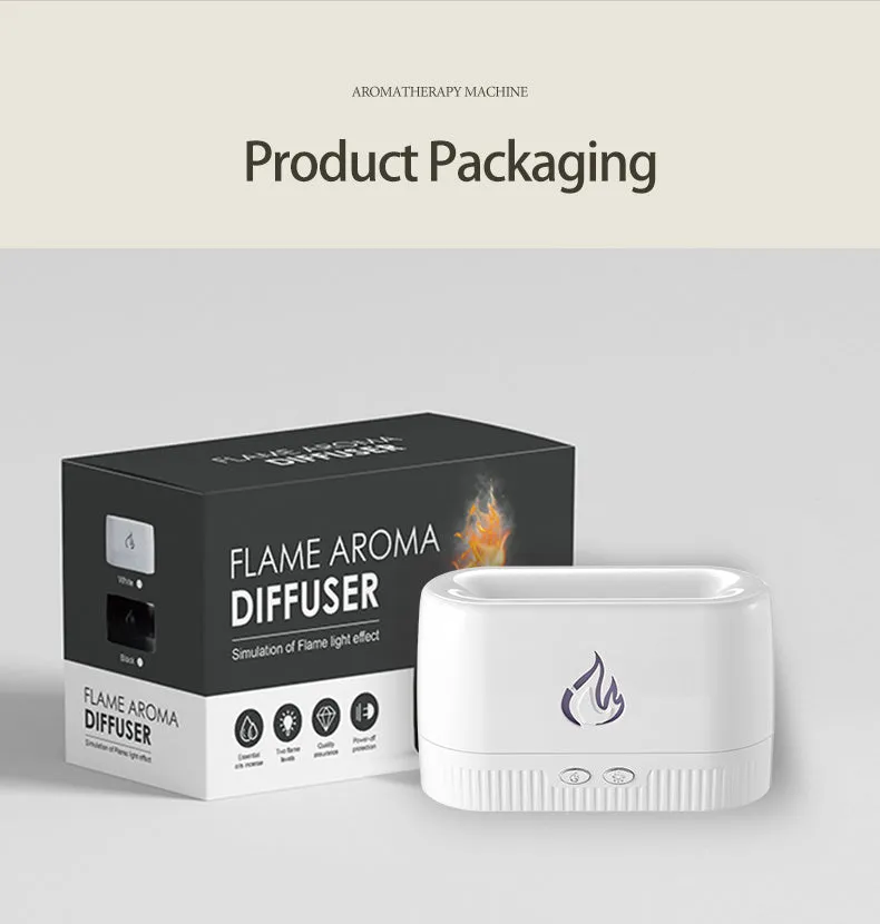 White flame aroma diffuser with 230ml tank, USB cable, on a wooden table, showing mist and flame effect