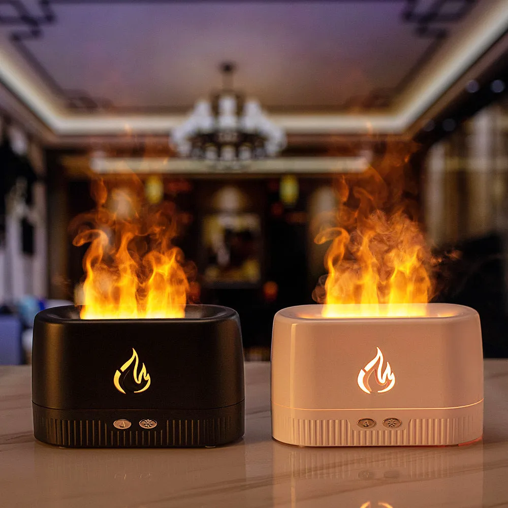 White flame aroma diffuser with 230ml tank, USB cable, on a wooden table, showing mist and flame effect