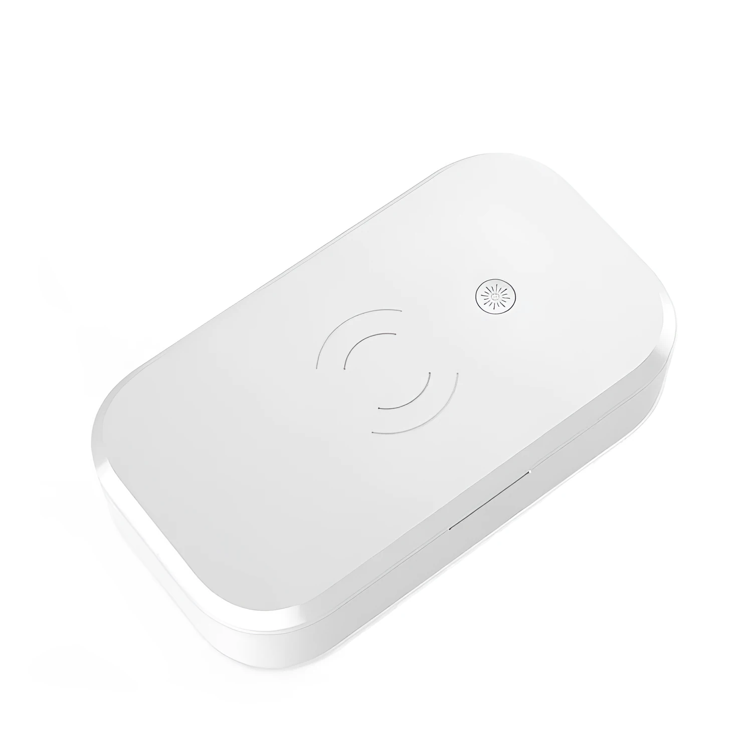 White ultraviolet disinfection box with wireless phone charging pad on top.