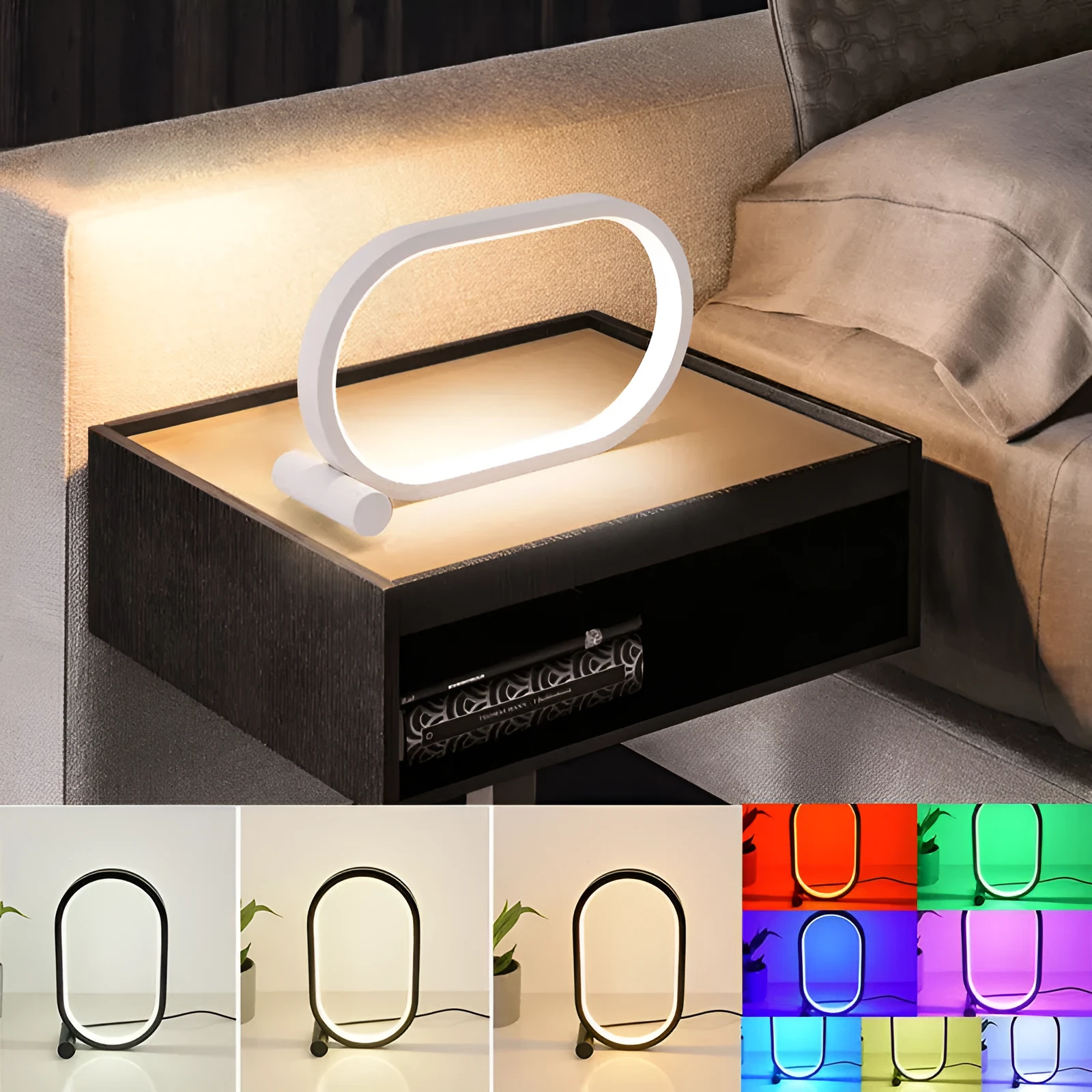 USB plug-in oval acrylic touch dimmable night light with metal base on a desk, black colour