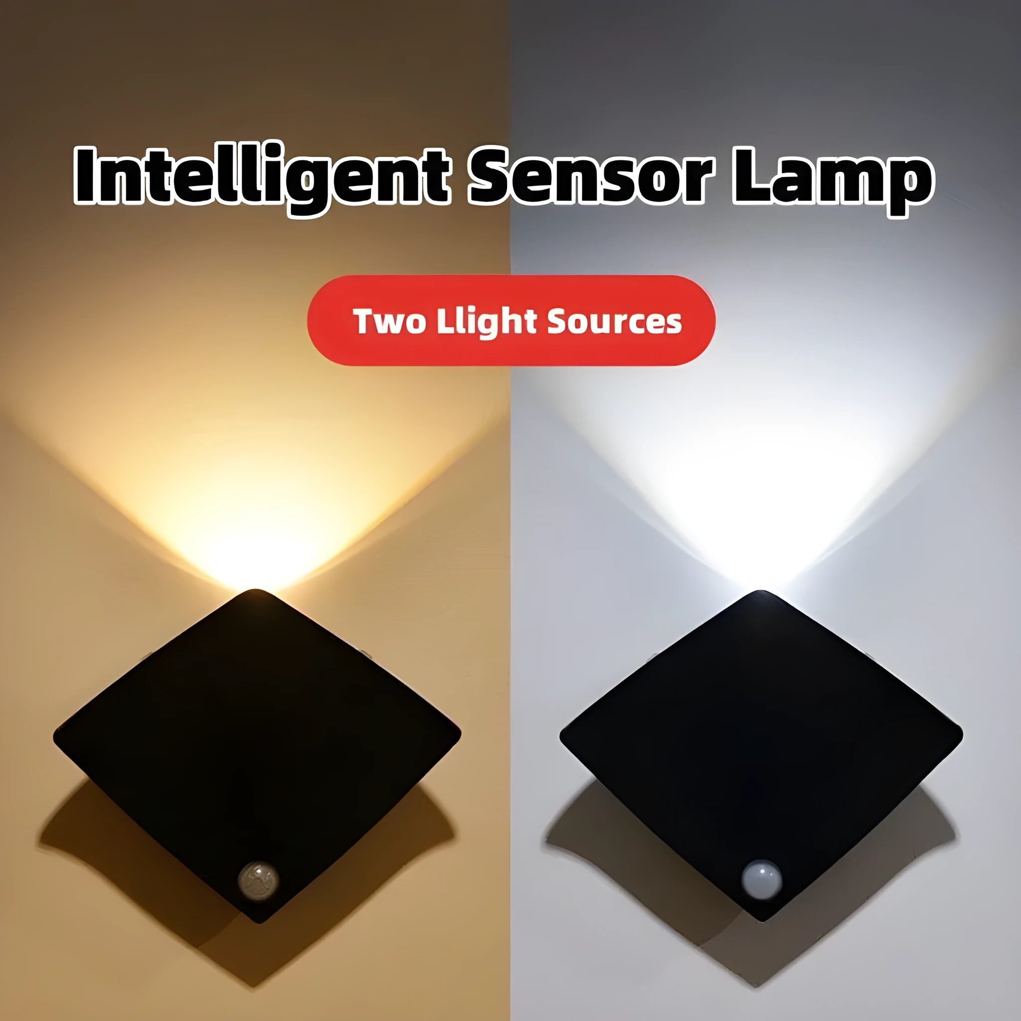 Wireless USB rechargeable wall lamp with human body sensor, ABS construction, black with yellow light, 92x42x92mm