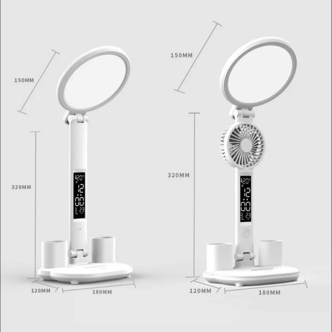 LED clock table lamp with USB charging, dimmable, foldable, with built-in fan and pen holder options, 7 watts, 40 LED beads