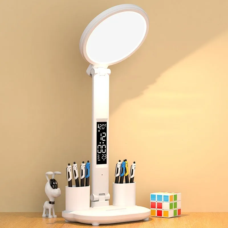LED clock table lamp with USB charging, dimmable, foldable, with built-in fan and pen holder options, 7 watts, 40 LED beads