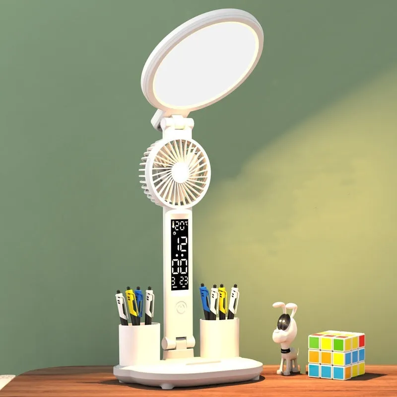 LED clock table lamp with USB charging, dimmable, foldable, with built-in fan and pen holder options, 7 watts, 40 LED beads
