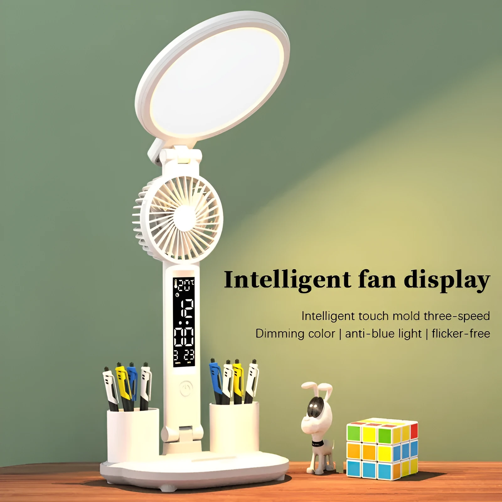 LED clock table lamp with USB charging, dimmable, foldable, with built-in fan and pen holder options, 7 watts, 40 LED beads