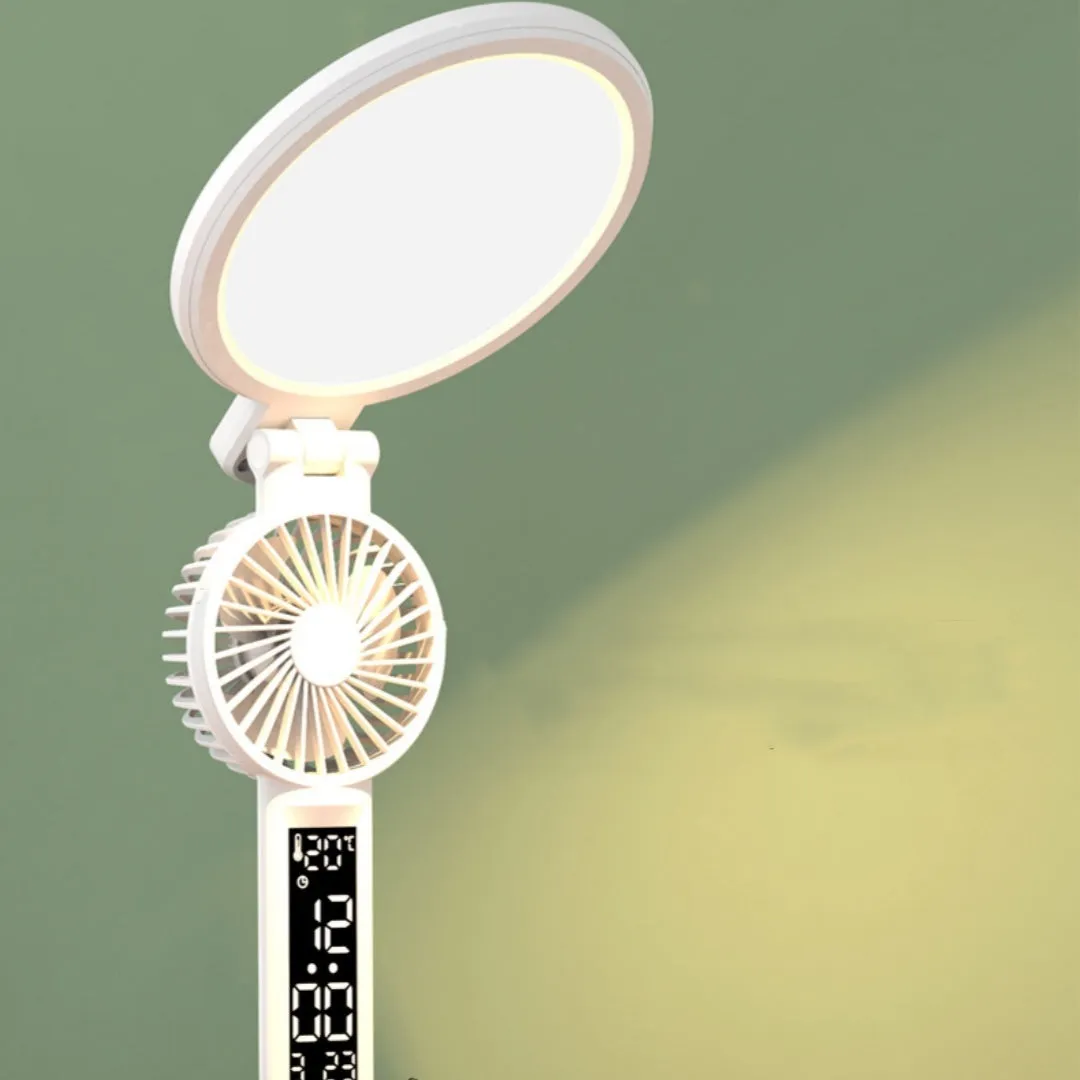 LED clock table lamp with USB charging, dimmable, foldable, with built-in fan and pen holder options, 7 watts, 40 LED beads