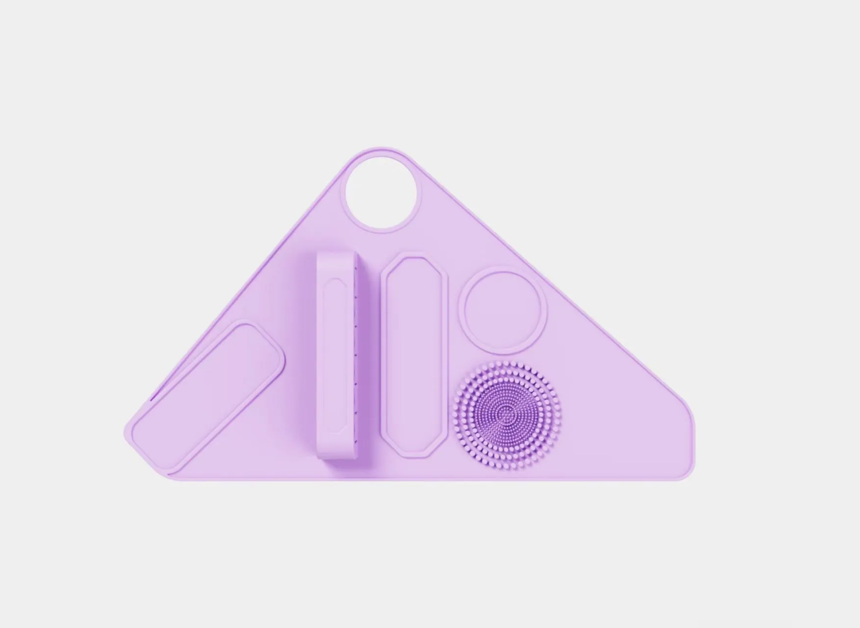 Silicone makeup hand strap in purple on a hand holding a makeup brush