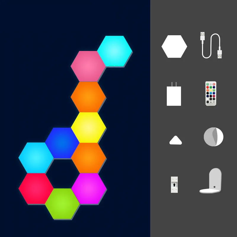 Colourful hexagonal LED wall lamp with remote control displaying rainbow effect on a bedroom wall