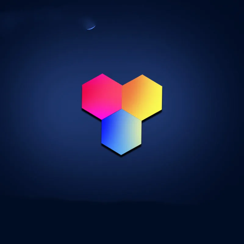 Colourful hexagonal LED wall lamp with remote control displaying rainbow effect on a bedroom wall